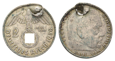 Германия 2 рейхсмарки 1938 B, Гинденбург KM 93, J. 366 серебро 4606-244