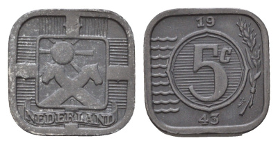 Нидерланды 5 центов 1943 Вильгельмина (1890-1948) KM 172 цинк 44-1129