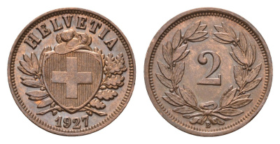 Швейцария 2 раппена 1927 B KM 4.2 бронза 1528-444
