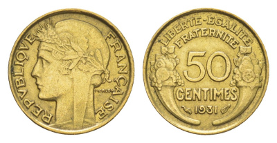 Франция 50 сантимов 1931 KM 894 алюминиевая бронза 4174-828