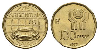 Аргентина 100 песо 1977 Чемпионат мира по футболу, Аргентина 1978 KM 77 алюминиевая бронза UNC 4391-514