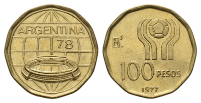 Аргентина 100 песо 1977 Чемпионат мира по футболу, Аргентина 1978 KM 77 алюминиевая бронза UNC 4391-514