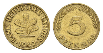 ФРГ 5 пфеннигов 1949 D KM 102, J. 377 сталь плакированная латунью 4685-362