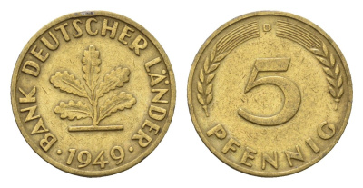 ФРГ 5 пфеннигов 1949 D KM 102, J. 377 сталь плакированная латунью 4685-362