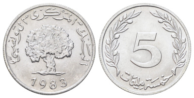 Тунис 5 миллимов 1983 пробковый дуб KM 282 алюминий UNC 4699-1043