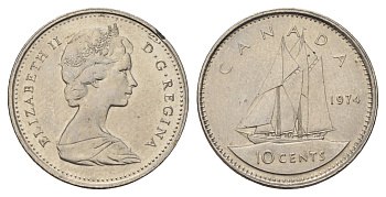 Канада 10 центов 1974 Елизавета II (1952-2022), парусник KM 77 никель 4689-539
