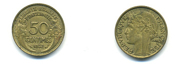 ФРАНЦИЯ 50 САНТИМОВ 1932 ТИП MORLON, OPEN 9, С ЯГОДОЙ KM 849.1, LE FRANC 192.7 алюминиевая бронза 80-861