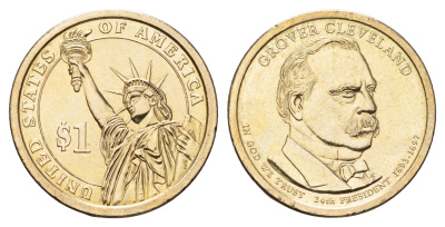 США 1 доллар 2012 P, Президент США - Гровер Кливленд (1893–1897) KM 527 медь с марганцево-латунным покрытием UNC 4700-1026
