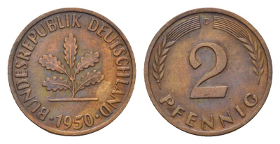 ФРГ 2 пфеннига 1950 D KM 106, J. 381 бронза 4596-944