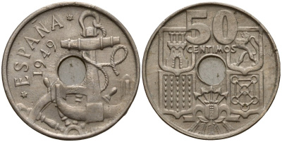 Испания 50 сентимо 1949 KM 777 медно-никель 4121-753