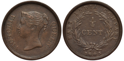 Стрейтс-Сетлментс 1/4 цента 1845 Виктория (1837-1901), год тип, медальный тип KM 1 медь 1523-334