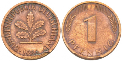 ФРГ 1 ПФЕННИГ 1986 J KM 105, J.380 сталь плакированная медью 4396-1537