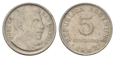 Аргентина 5 сентаво 1952 генерал Хосе де Сан Мартин KM 46 медно-никель 44-1147