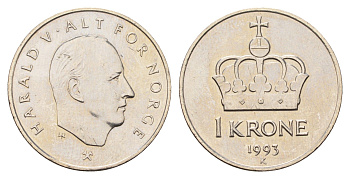 Норвегия 1 крона 1993 Харальд V (1991-) KM 436 медно-никель UNC 27-134