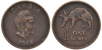 Замбия 1 нгве 1968 Кеннет Каунда, трубкозуб KM 9 бронза 4124-628