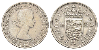 Великобритания 1 шиллинг 1953 год-тип, Елизавета II (1952-2022), Английский герб KM 890, Spink 4139 медно-никель 4698-1036