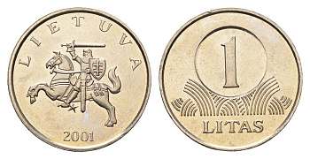 Литва 1 лит 2001 KM 111 медно-никель UNC 4364-1637