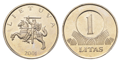 Литва 1 лит 2001 KM 111 медно-никель UNC 4364-1637