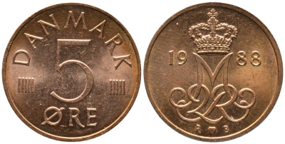 ДАНИЯ 5 ЭРЕ 1988 R; B, МАРГРЕТЕ II (1972-) KM 859.3 железо плакированное медью 4380-148
