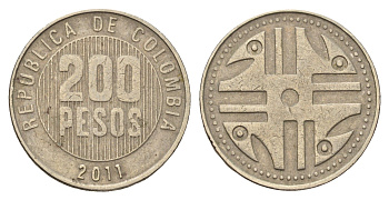 Колумбия 200 песо 2011 KM 287 медь цинк никель 4143-1052
