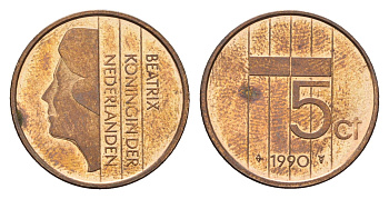 Нидерланды 5 центов 1990 Беатрикс (1980-2013) KM 202 бронза 4685-134