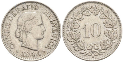 ШВЕЙЦАРИЯ 10 РАППЕНОВ 1944 В KM 27 медно-никель 201-519