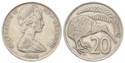 Новая Зеландия 20 центов 1967 Елизавета II (1952-2022), птичка киви KM 36 медно-никель 4699-1113