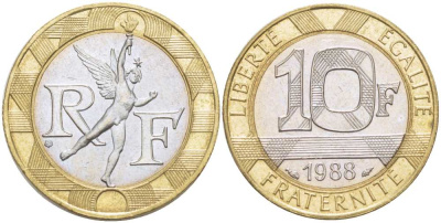 Франция 10 франков 1988 тип гений Бастилии KM 964.1, Le Franc 375.2 биметалл 217-312