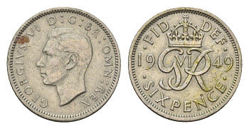 Великобритания 6 пенсов 1949 Георг VI (1936-1952) KM 875, Spink 4110 медно-никель 99-1044