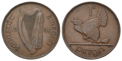 Ирландия 1 пенни 1931 курица с цыплятами KM 3 бронза 4512-833