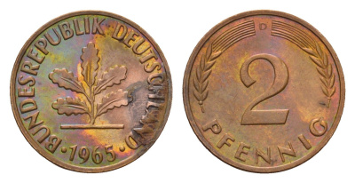 ФРГ 2 пфеннига 1965 D KM 106, J. 381 бронза 4564-1128