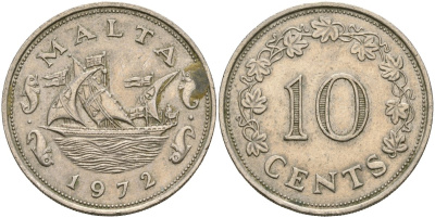 Мальта 10 центов 1972 баржа Великого магистра KM 11 медно-никель 4137-912