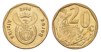 ЮАР 20 центов 2003 герб, цветок протея KM 327 сталь плакированная бронзой UNC 4687-551