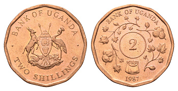 Уганда 2 шиллинга 1987 год-тип KM 28 сталь плакированная медью UNC 4666-1243