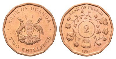 Уганда 2 шиллинга 1987 год-тип KM 28 сталь плакированная медью UNC 4666-1243