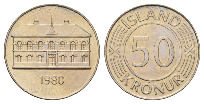 Исландия 50 крон 1980 здание парламента в Рейкьявике KM 19 медно-никель UNC 4403-942