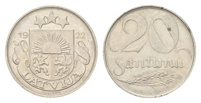 Латвия 20 сантимов 1922 год-тип KM 5 никель 4705-453