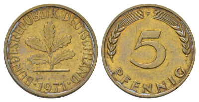 ФРГ 5 пфеннигов 1971 F KM 107, J.382 сталь плакированная латунью 4679-1261