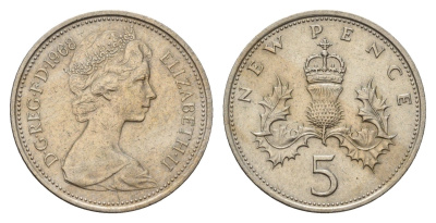 Великобритания 5 новых пенсов 1968 Елизавета II (1952-2022) KM 911, Spink 4233 (D1) медно-никель 68-813