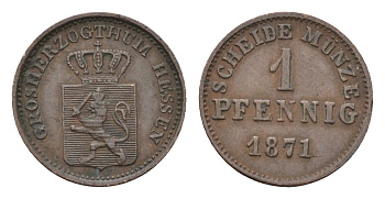 Гессен-Дармштадт 1 пфенниг 1871 KM 337 медь 4152-338