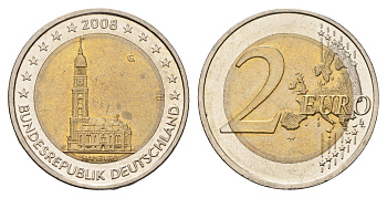 Германия 2 евро 2008 G, Церковь св. Михаила, Гамбург KM 261 биметалл 4693-1012