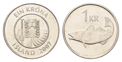 Исландия 1 крона 2007 треска KM 27a сталь плакированная никелем UNC 4691-621