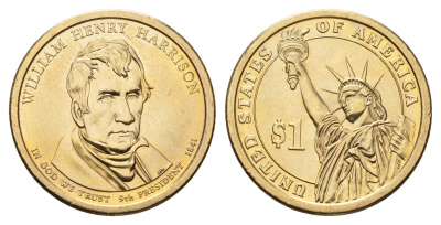 США 1 доллар 2009 P, Президент США - Уильям Генри Гаррисон (1841) KM 450 медь с марганцево-латунным покрытием UNC 4624-327
