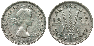 Австралия 3 пенса 1957 m, Елизавета II (1952-2022) KM 57 серебро 71-463