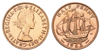 Великобритания 1/2 пенни 1965 Елизавета II (1952-2022) KM 896, Spink 4158 бронза 4629-315