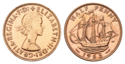 Великобритания 1/2 пенни 1965 Елизавета II (1952-2022) KM 896, Spink 4158 бронза 4629-315