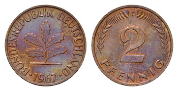 ФРГ 2 пфеннига 1967 F KM 106, J. 381 бронза 3458-713