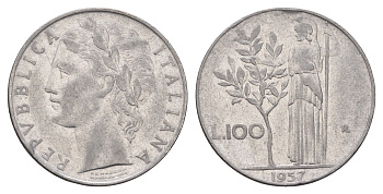 Италия 100 лир 1957 R, Афина в доспехах KM 96.1 нержавеющая сталь 4631-755
