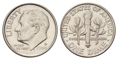 США 1 дайм (10 центов) 2004 D, Рузвельт KM 195a медь плакированный медно-никелем 4682-357
