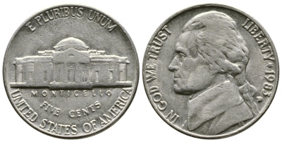 США 5 центов 1983 D, президент Джеферсон KM А192 медно-никель 4610-231